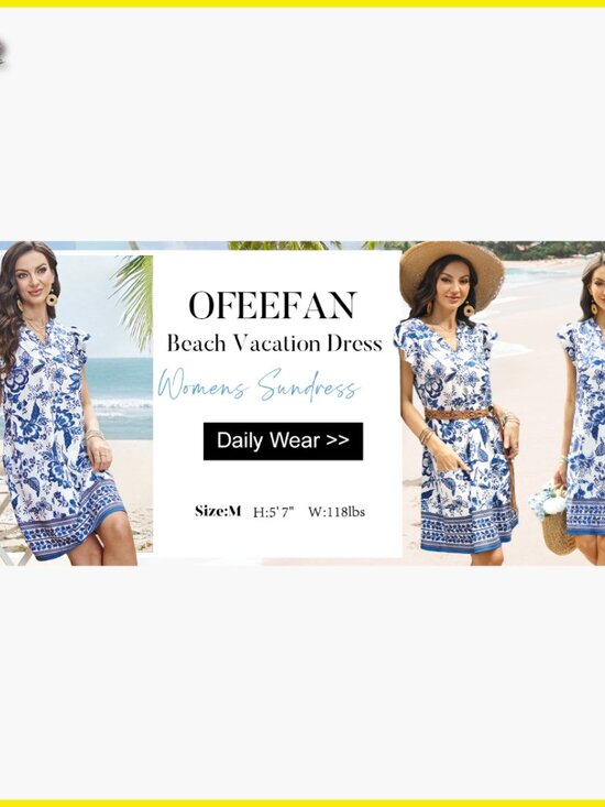 Casual Ruffle Sleeve V Neck Swing Sundress with Pockets Lightweight Fabric - Picture 6 of 7